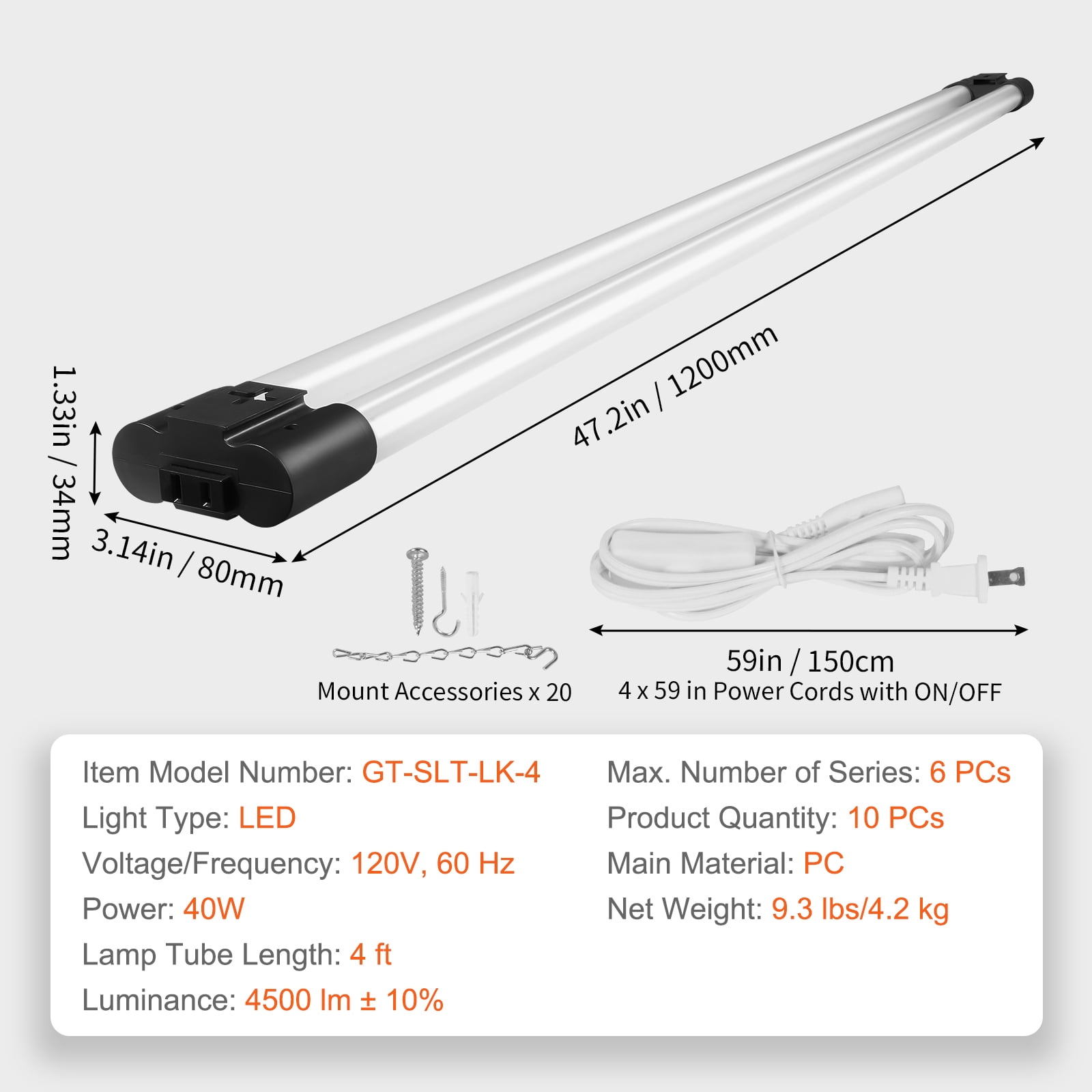 VEVOR 10 Pack LED Shop Light, 4 FT, 40W Linkable Shop Light Fixture, 4500 LM Surface & Hanging Mount Ceiling Lights 59 in Power Cords with ON/OFF Switch, for Garage Warehouse Home Workshop Office