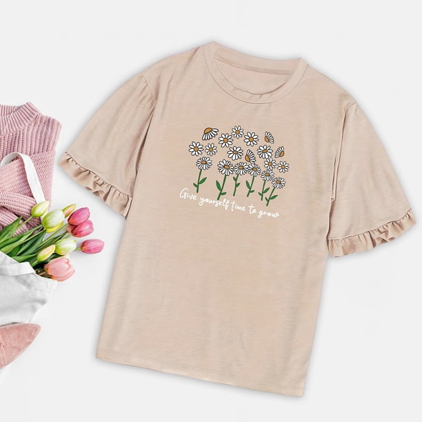 Camiseta para mujer, Tops de verano, Camiseta básica, camisetas de manga corta, camiseta clásica Simple con cuello redondo, ropa de calle para mujer, camiseta para mochilero caqui Yinane Camiseta para mujer