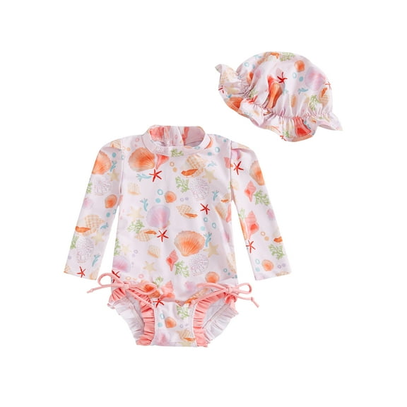 BemeyourBBs Toddler Baby Girl Swimsuit Infant Bathing Suit One-Piece Swimsuits with Sun Hat Set Long Sleeve Rash Guard Swimwear Strawberry Floral Zipper Summer Beach Wear