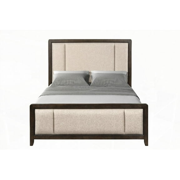 Traditional Styling Upholstered Headboard & Footboard in Antique Brown Wood Finish