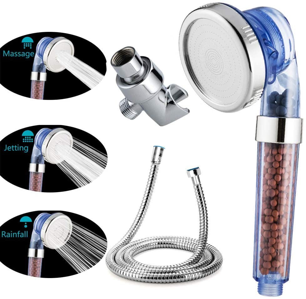 MEW Filter Shower Head with 3 Adjustable Setting Included Replacement Hose and Bracket Transparent High pressure and Water-saving Handheld Showerhead for Dry Hair & Skin SPA 