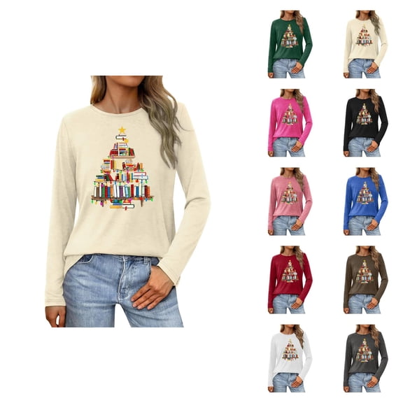 Women's Christmas Shirts for Book Lovers Long Sleeve Crewneck Book Christmas Tree Graphic Tshirt Shirt Teacher Blouse Tops