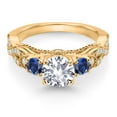 thumbnail image 2 of Gem Stone King 18K Yellow Gold Plated Silver White Created Sapphire Blue Created Sapphire and White Moissanite Engagement Ring for Women (1.55 Ct, Gemstone September Birthstone, Round 6MM, Size 6), 2 of 4