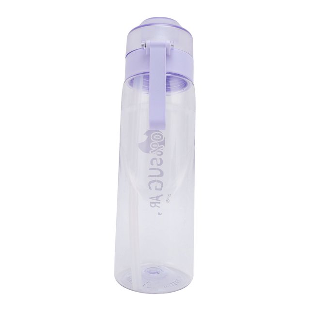 Air Water Bottle with Flavor Pod, 650ml capacity, featuring a clear body with a purple lid and integrated straw. Made from eco-friendly PP plastic and silicone, this leakproof sports water bottle uses scent infusion technology to enhance the taste of water with a fruity fragrance. Ideal for calorie-free hydration, it includes one flavor pod with a random scent. Often used as a motivational tool for increasing daily water intake.