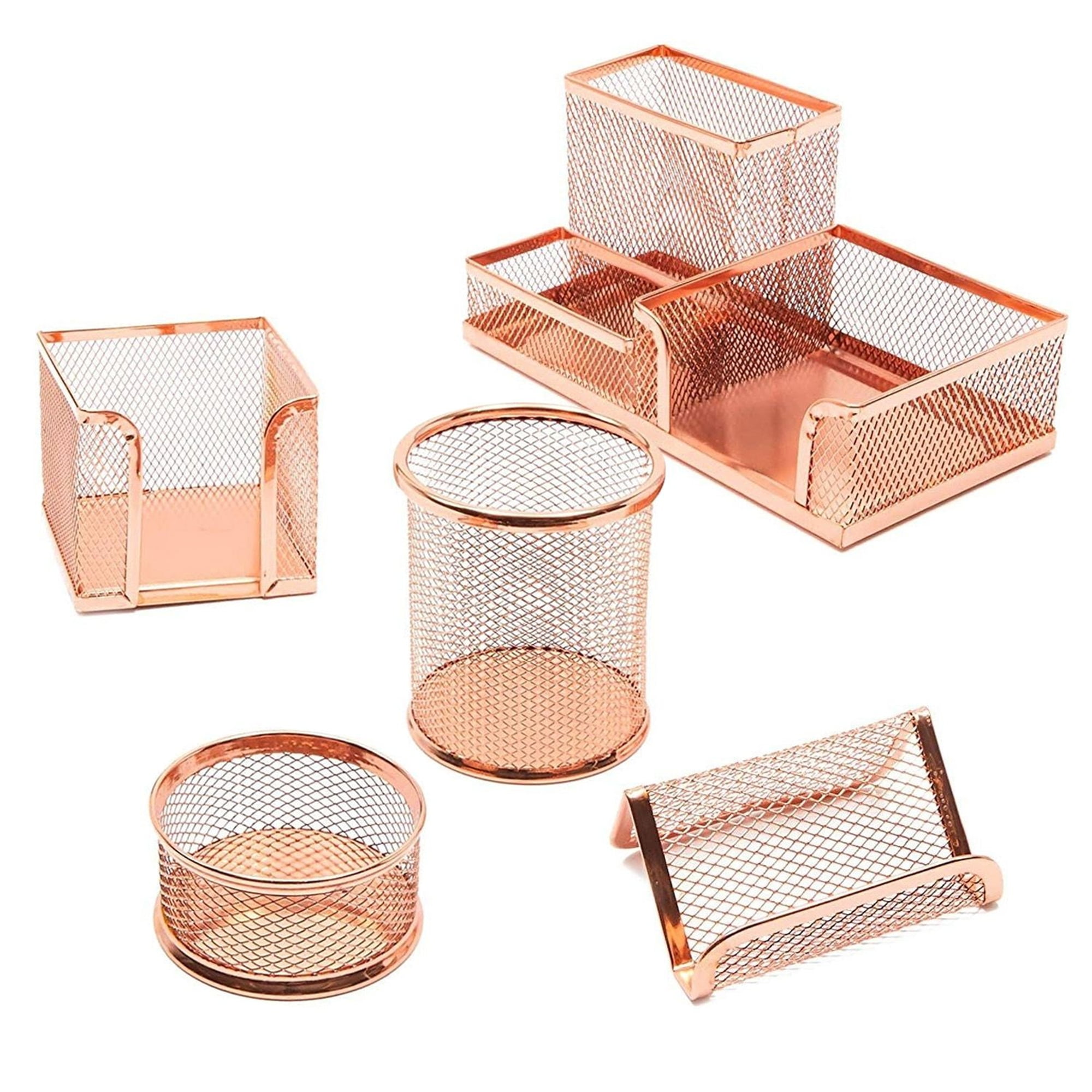 Dadanism Rose Gold Desk Organizer for Women, Multifunctional Office Desktop Accessories Mesh Organizers and Workplace Supplies Holder Caddy with 7