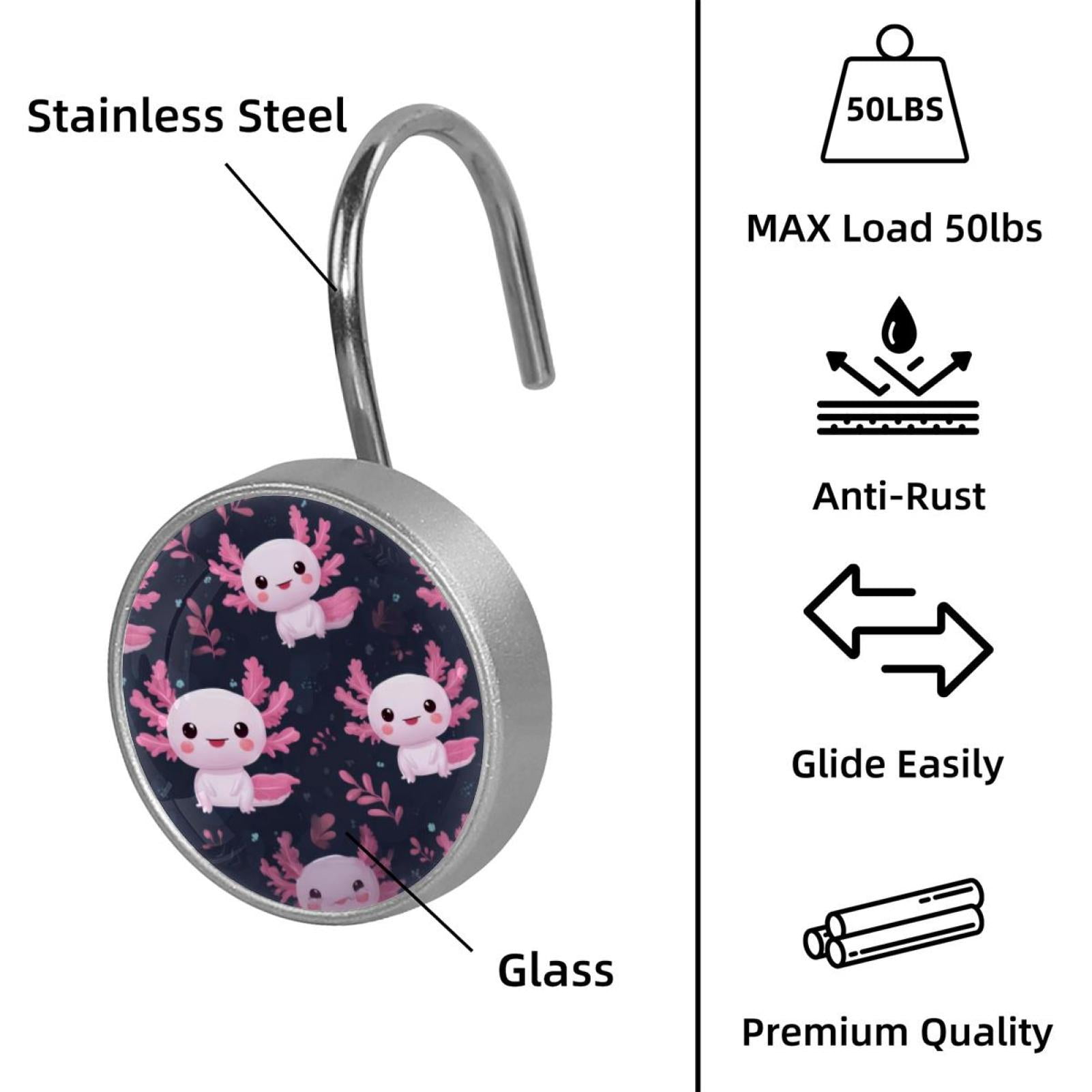 12pcs Decorative Shower Curtain Hooks, Rust Resistant Shower Rings for Bathroom Living Room,Rustproof Stainless Steel Rings for Shower Curtain and Liner Rods,Axolotl Black