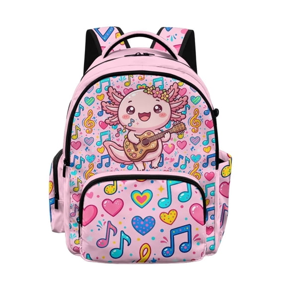 DISNIMO Axolotl Music Note Print Kids 17 Inch Backpack for Girls Lightweight School Bookbag with Side Pockets for Water Bottle, Girls Back to School Supplies