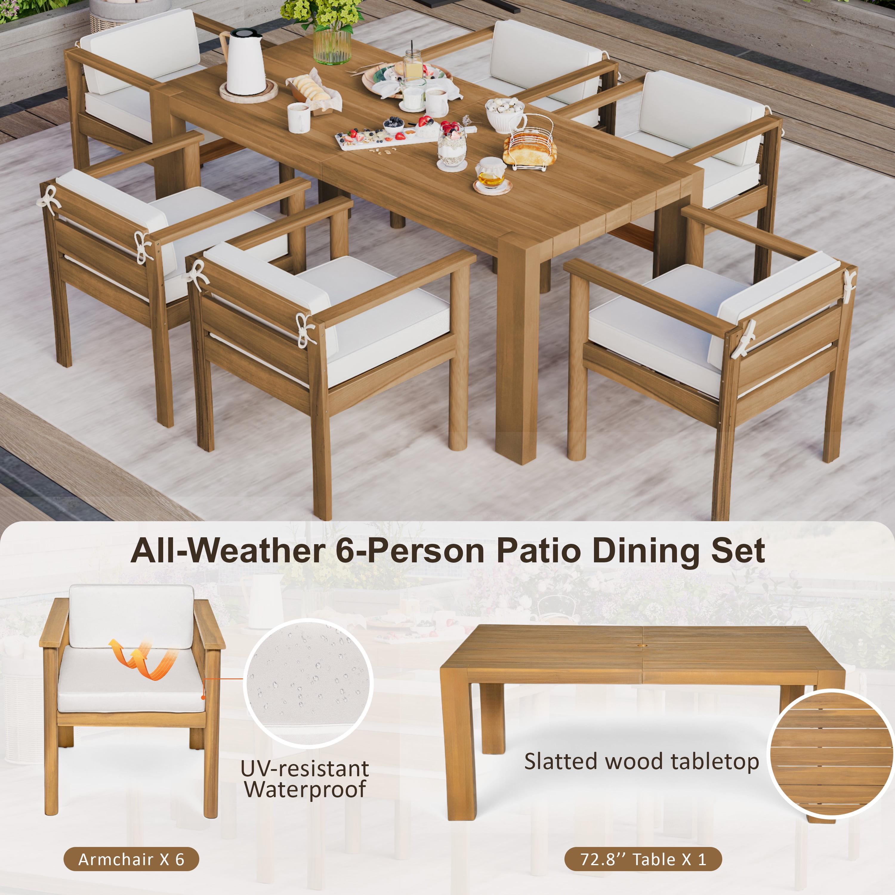 Harper & Bright Designs Wood Patio Dining Table Set for 6, Outdoor All-Weather Patio Dining Furniture with Rectangle Table and Chairs Set with Removable Cushions for Garden, Beige, Light Teak