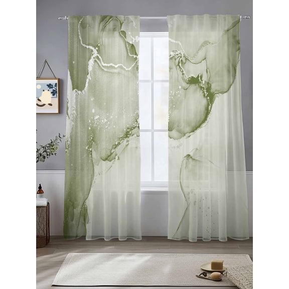 Sage Green Abstract Sheer Curtains 96 Inches Long 2 Panels Silver Marble Ripples Light Filtering Semi Sheer Window Curtains Drapes for Bedroom Living Room 52"x96"