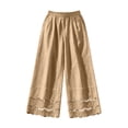 thumbnail image 3 of Karymi Jeans for Women Solid Linen Blend Palazzo Pants, High Waist Pleated Long Trousers, Scalloped Eyelet Lace Hem Beach Vacation Pants With Pocket Jean Shorts, 3 of 5