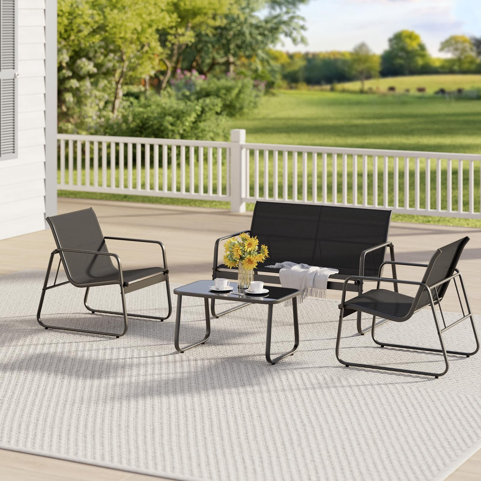 Outdoor Chairs Set of 4, Aiho All Weather Textilene Patio Furniture Set with Grass Top Table, Perfect for Yard, Poolside, Lawn, Black