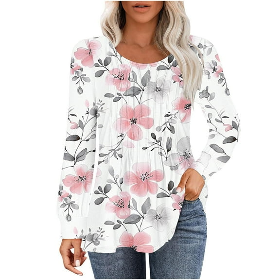 hxobax Womens Fall Long Sleeve Tops Classic Floral Pullover Tunic Crewneck Pleated T Shirts Blouses
