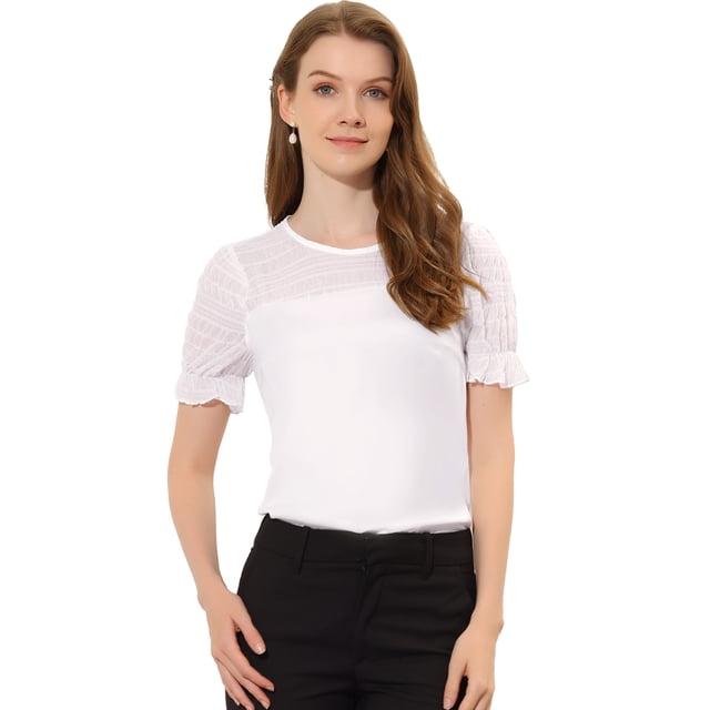 Camisa de manga corta con Cuello Redondo y encaje con Abertura En la espalda Allegra K Blanco M