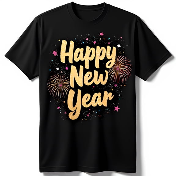 Festive Black T-Shirt with Gold Happy New Year Graphic & Colorful