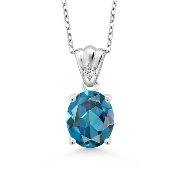 Gem Stone King 925 Sterling Silver London Blue Topaz and White Topaz Pendant Necklace for Women (4.24 Ct Oval 11X9MM with 18 inch Silver Chain)