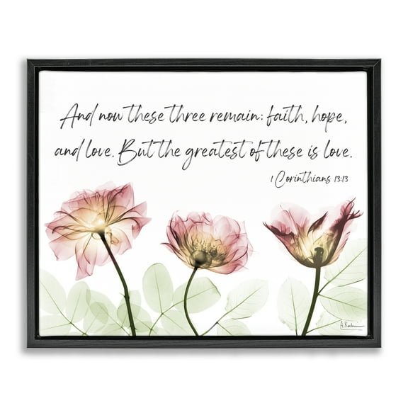 Stupell Industries Faith Hope Love Floral Religious Painting Black Floater Framed Art Print Wall Art, 21 x 17