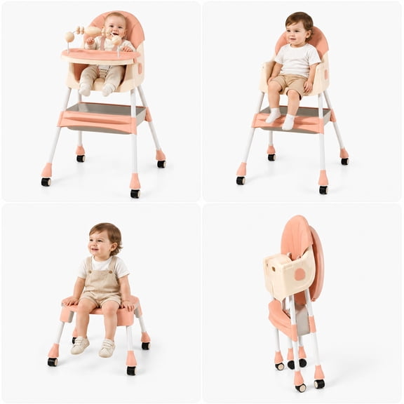 YUCHANG 4- in-1 Baby High Chair,Adjustable Convertible Infant Baby Feeding Chair Booster for Eating with Detachable Double Tray,5 Point Harness