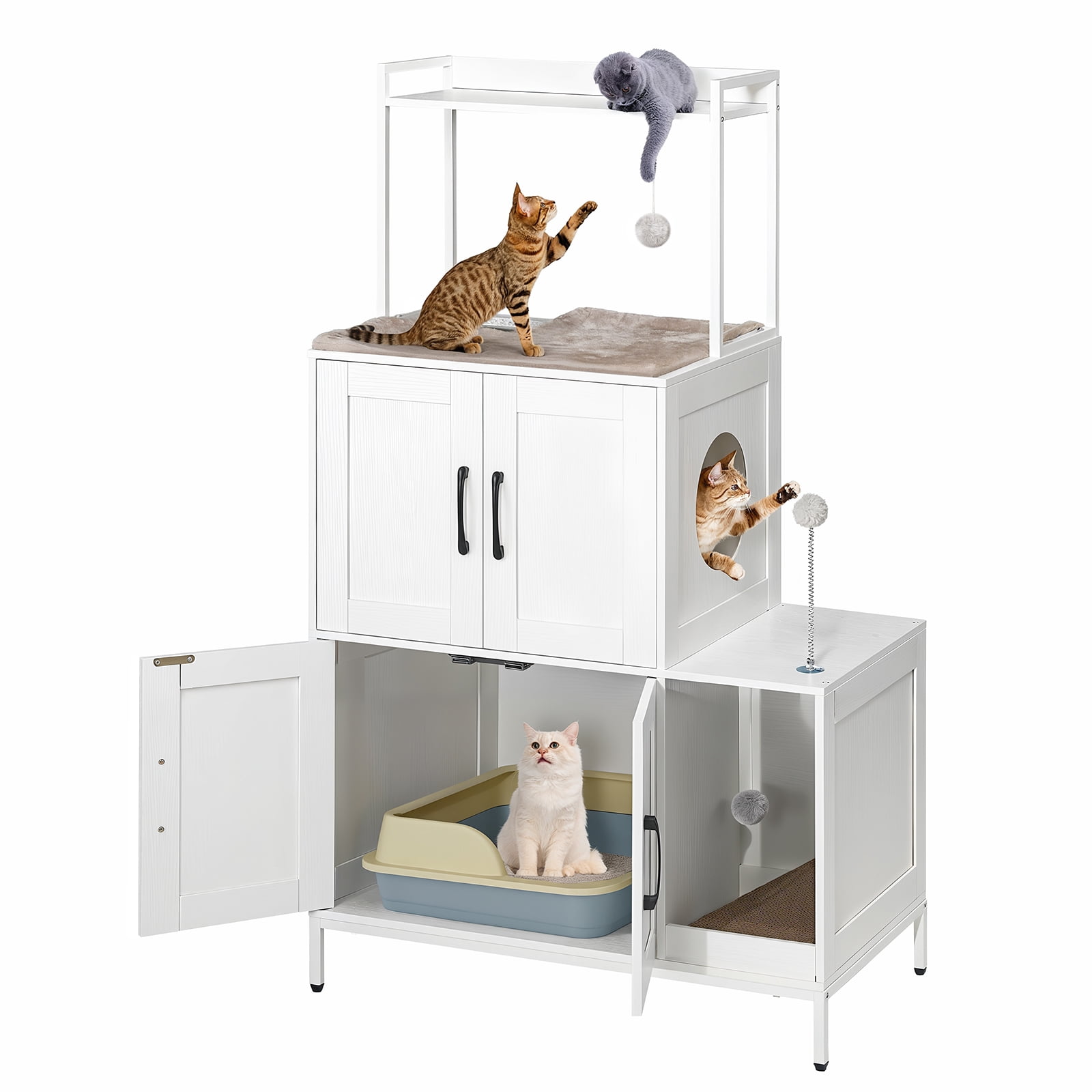 HOOBRO Litter Box Enclosure, Litter Box Furniture with Storage, 2-in-1 Hidden Cat Furniture with Shelf, 2 Dangling Plush Balls and 1 Toy Ball, Large Wooden Cat Washroom, White WT78MW01