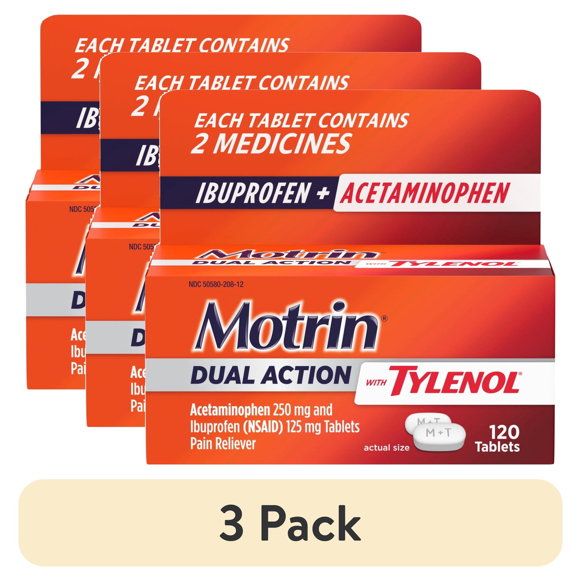 (3 pack) Motrin Dual Action with Tylenol, Ibuprofen & Acetaminophen, Value Size, 120 Count