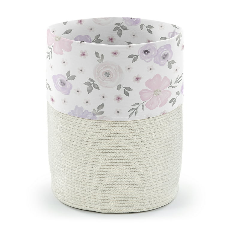 Watercolor Floral Lavender and Grey Woven Laundry Rope Basket