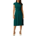 thumbnail image 3 of MODA NOVA Juniors Pleated Dress Mock Neck Cap Sleeve Belted A-Line Dresses, 3 of 6