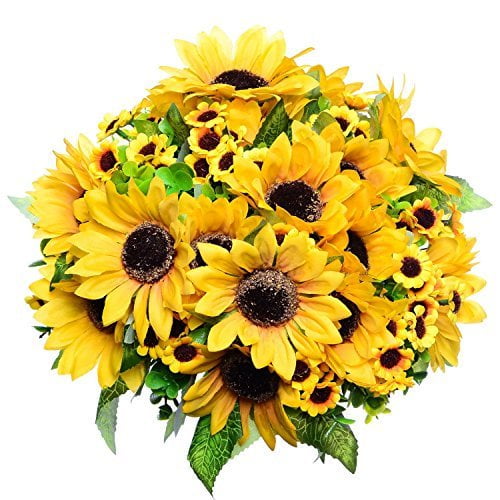 Dearhouse 2pcs Artificial Fake Sunflowers Bouquet in Yellow Flower Arrangement for Home Kitchen Floor Garden Wedding Decor