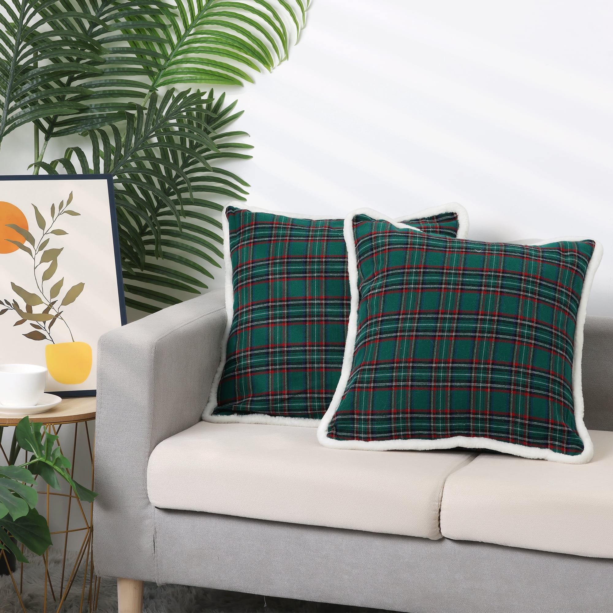 Unique Bargains 2 Pack Plaid Pillow Covers Double-Sided Checked Decorative Pillow Covers Green 18" x 18"