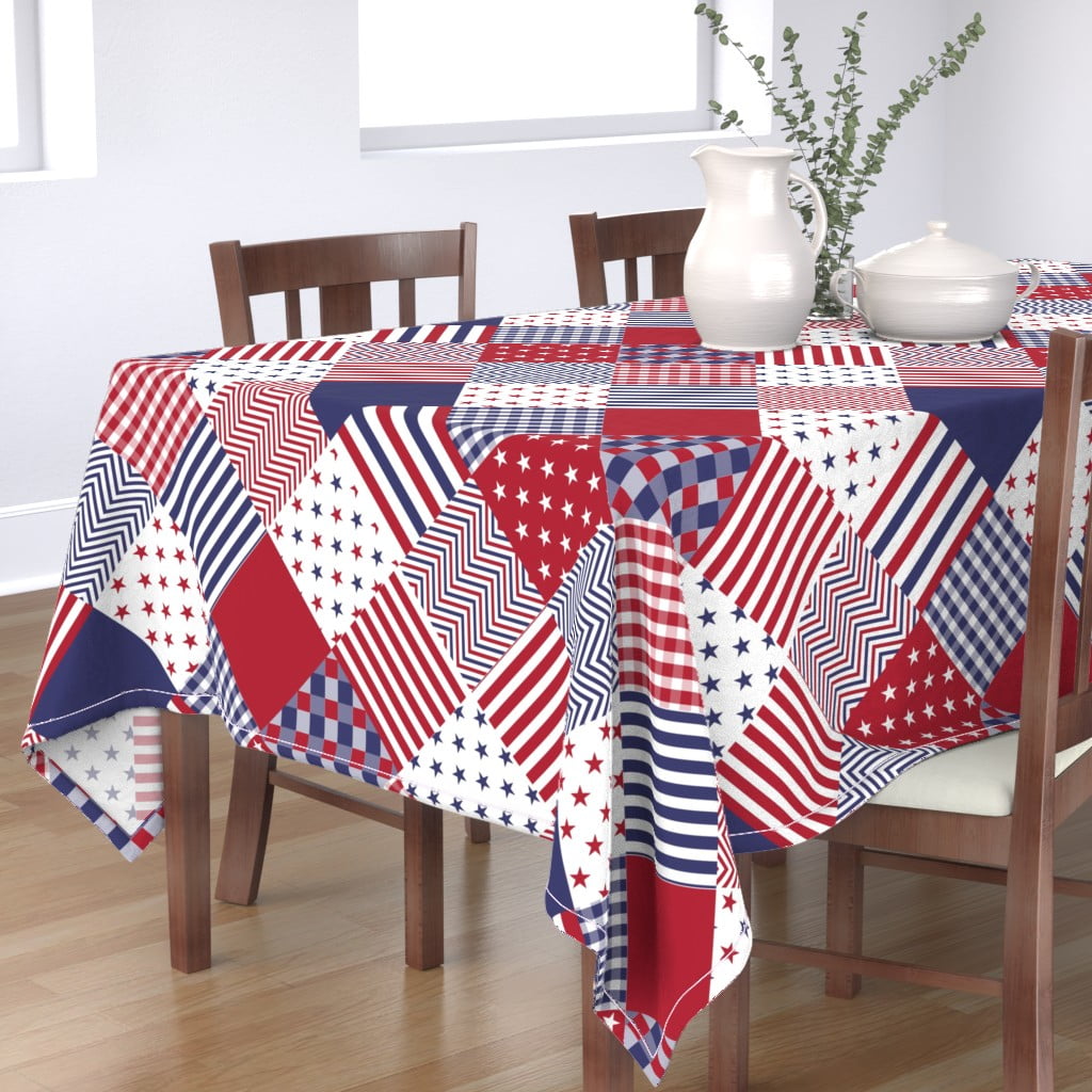 Cotton Sateen Tablecloth, 70" x 120" Usa Patchwork Red White Blue