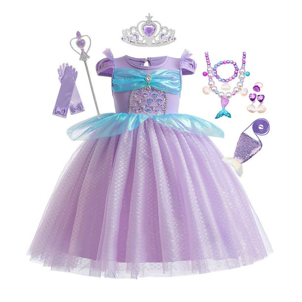 2023 Niñas Sirenita Vestido Disney Princesa Ariel Disfraz Encaje Volantes Frock Niños Fiesta de cumpleaños de Halloween Cosplay Outfit9-10T (Etiqueta 150) Gao Jinjia LED