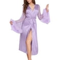 thumbnail image 2 of Mesh Bell Sleeve Feather Trim Cuff Robe Loungewear Women Home Elegant Satin Belted Bathrobe Sleepwear Purple S, 2 of 5