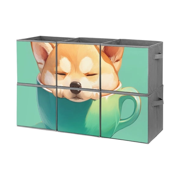 Collapsible Oxford Fabric Storage Cubes with Handles, Large Mid Foldable Oxford Cloth Bins Set of 2/6, Closet Organizers for Shelves Clothes Home Kitchen Toy - Shiba Inu In Cup
