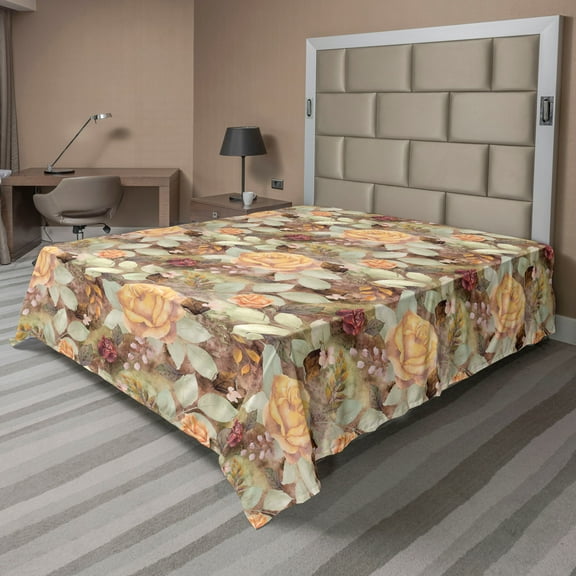 Ambesonne Floral Design Flat Bedding Sheet Soft Top Sheet, Romantic Rose Boho, California King, Pistachio Green Mustard