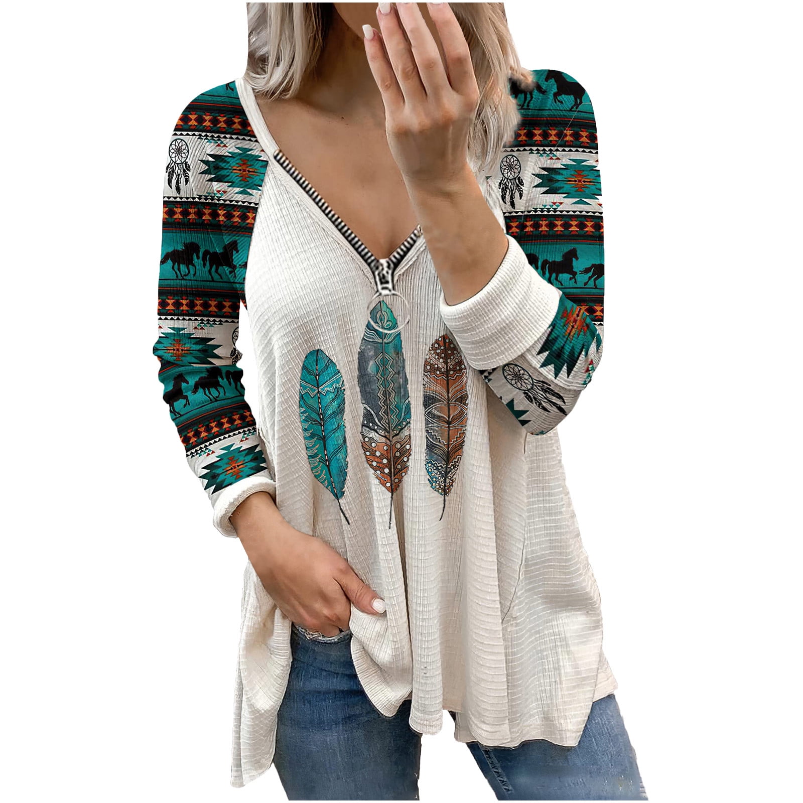 Testy Womens Plus Size Clearance Women Casual Retro Western Aztec Print Long Sleeve Ethnic V