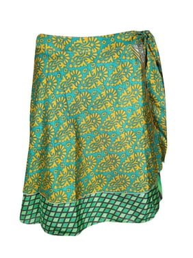 Mogul Women Green Yellow Silk 2 Layer Sari Reversible Mini Printed Wrap Skirts