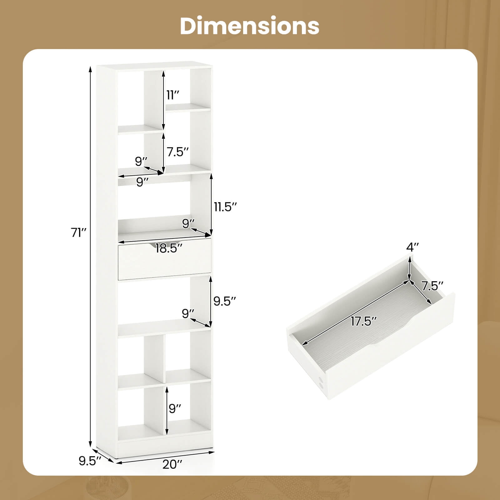 Costway 2 PCS 71”Bookcase with Drawer, 10 Open Cubes, Anti-toppling Kits for Study, Office White