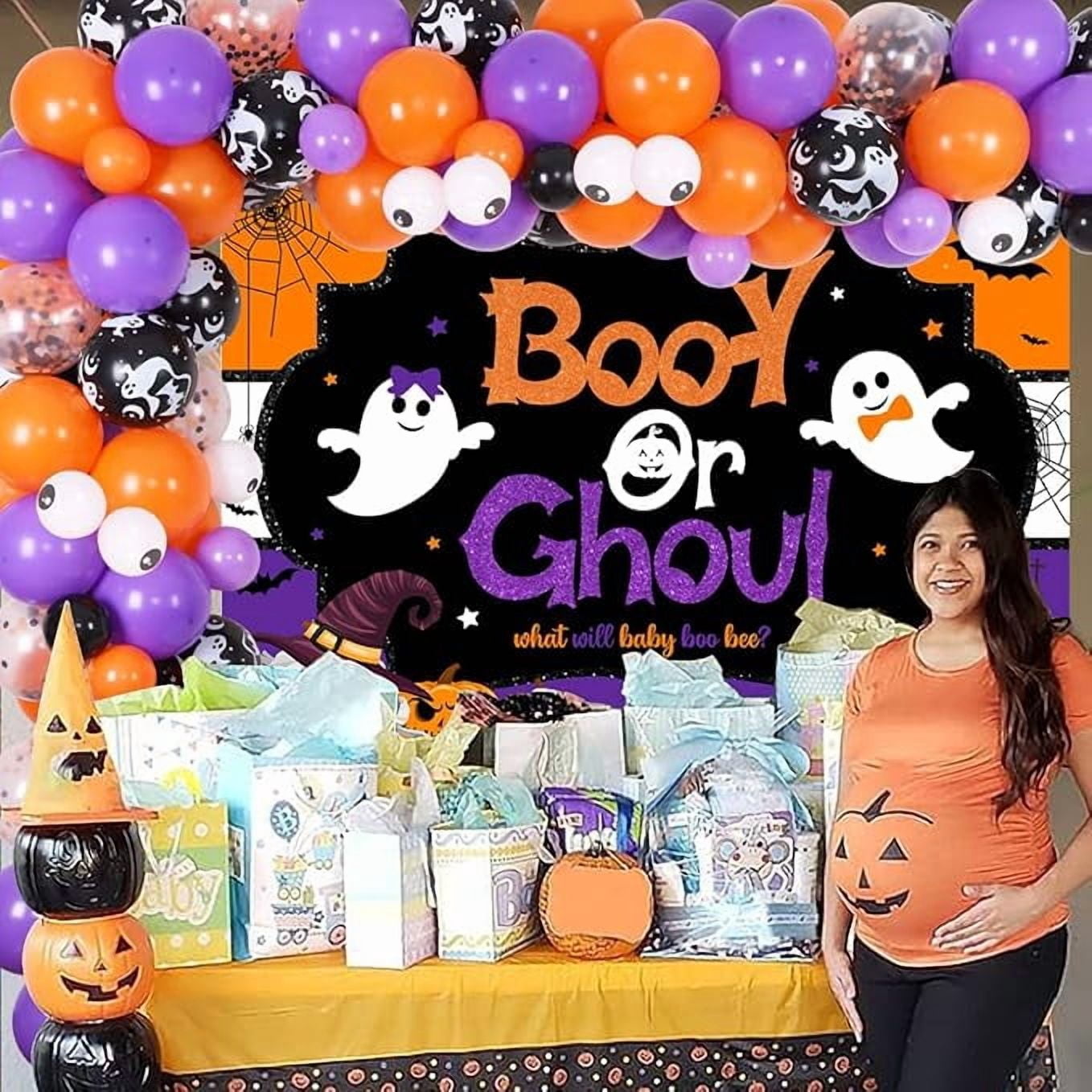 Halloween Gender Reveal Decorations - Booy or Ghoul Backdrop, Orange Purple Black Balloon Garland Arch, Boy or Girl, He or She What Will Baby Boo Bee, Ghost Gender Reveal Baby Shower Decorations