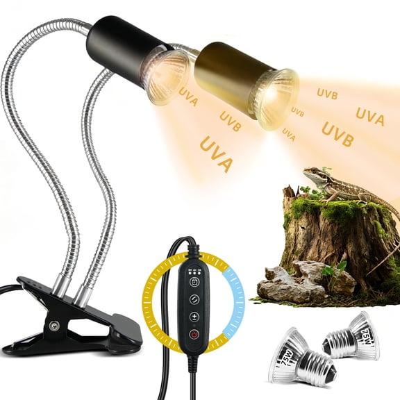 ZALALOVA Reptile Heat Lamp with Clamp,UVA UVB Light for Reptiles,Aquarium Turtle Tank Basking Lights with 360°Rotatable Timing & Dimming for Tortoise/Lizard/Bearded Dragon,2 Bulbs 75W