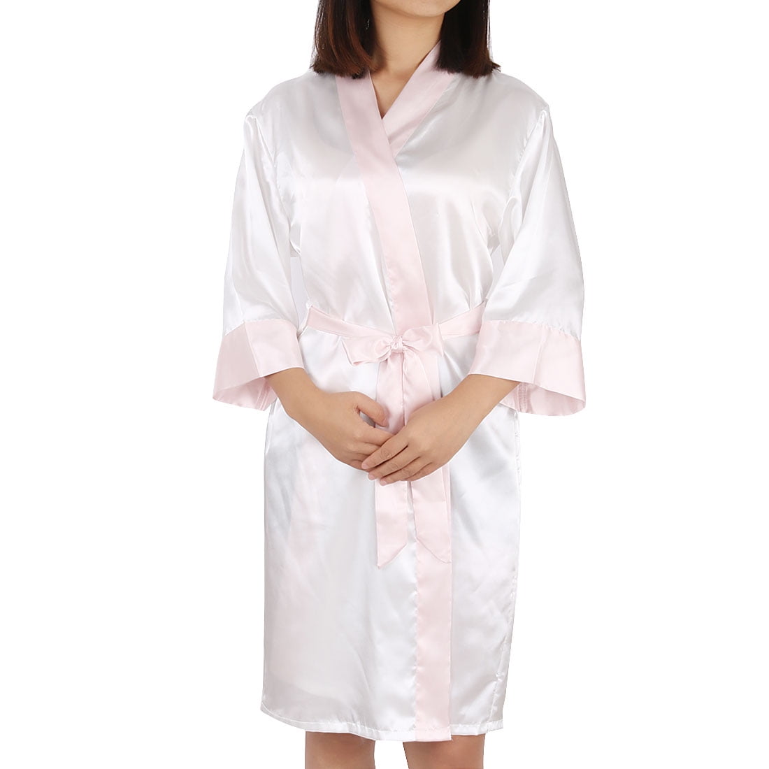 Women's Satin Short Kimono Robes for Wedding Party (White+Light Pink, L