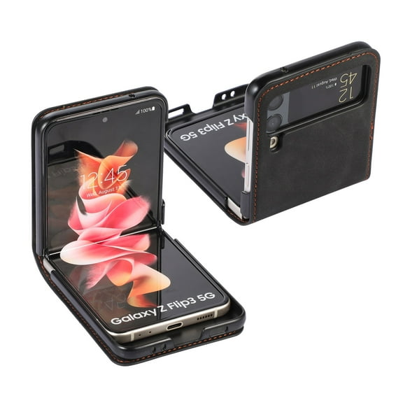 TECH CIRCLE for Samsung Galaxy Z Flip 4 6.7" 2022 Folding Case, PU Leather Wallet Case with Cart Slot Heavy Duty Full Body Protective Case for Samsung Z Flip 4 Women Men, Black
