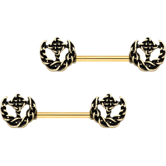 Body Candy Gold PVD Steel Braided Nautical Anchor Barbell Nipple Ring Set of 2 14 Gauge 9/16"