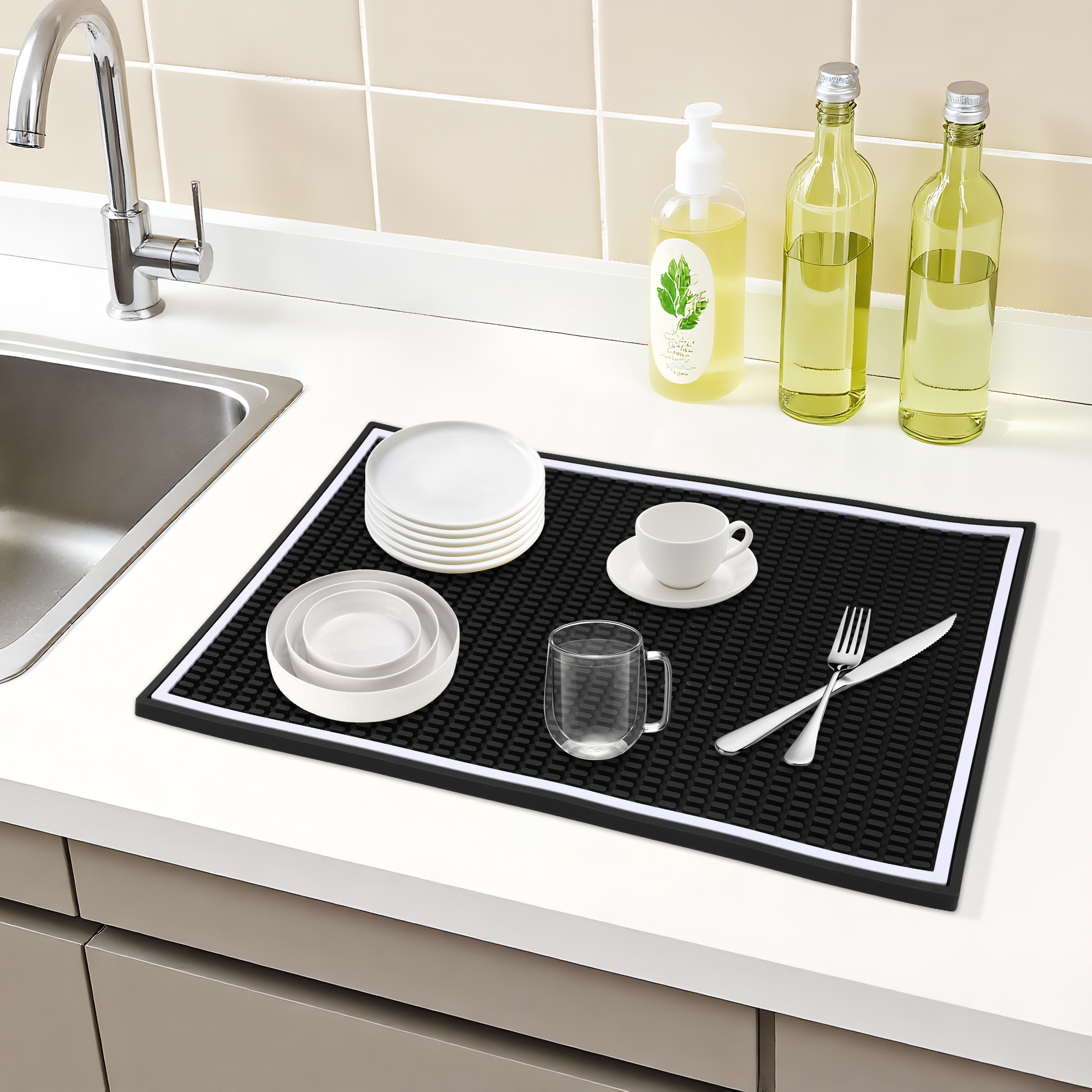 Unique Bargains Waterproof Dish Drying Mat with Concave Design Black 17.7*11.8*0.4 inch
