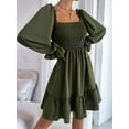 thumbnail image 6 of Women'S Square Neck Lantern Long Sleeve Ruffle Shirred Flowy Party Mini Dress Army Green XXL, 6 of 10