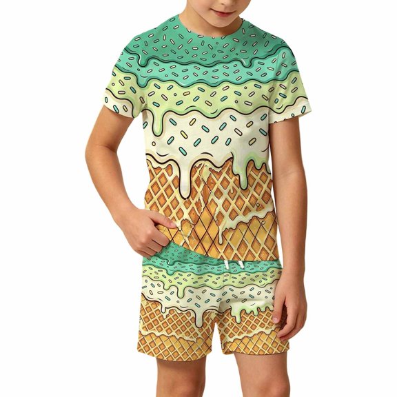 HAYIMI Little Boys Ice Cream Graphic Outfit Sets, O-Neck Short Sleeve Tee and Shorts, Summer Kids Clothing Versatile Clothes Sets