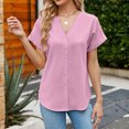 thumbnail image 4 of Blusa con botones Top Color liso Cuello en V Blusa suelta de manga corta para mujer Lady Girl Rosa XXL, 4 of 8