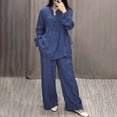 thumbnail image 2 of NMMUED Women's Linen 2 Piece Sets Casual Linen Outfit for Women 2 Piece Set Button Front Blouse Flowy Wide Leg Pants Vacation Lounge Summer Casual Outfits for Women Dark Blue L, 2 of 4