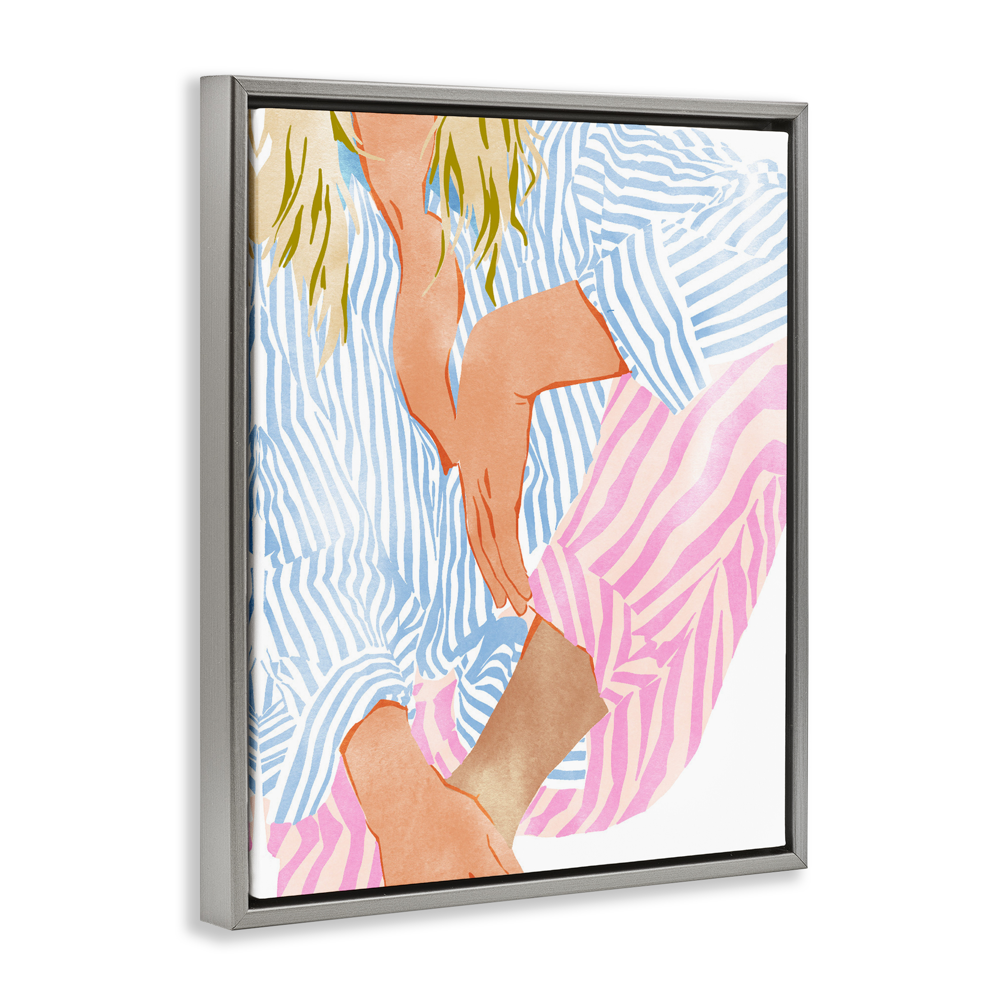 Woman in Pastel Stripes Gray Framed Floater Canvas Wall Art, design by Ziwei Li
