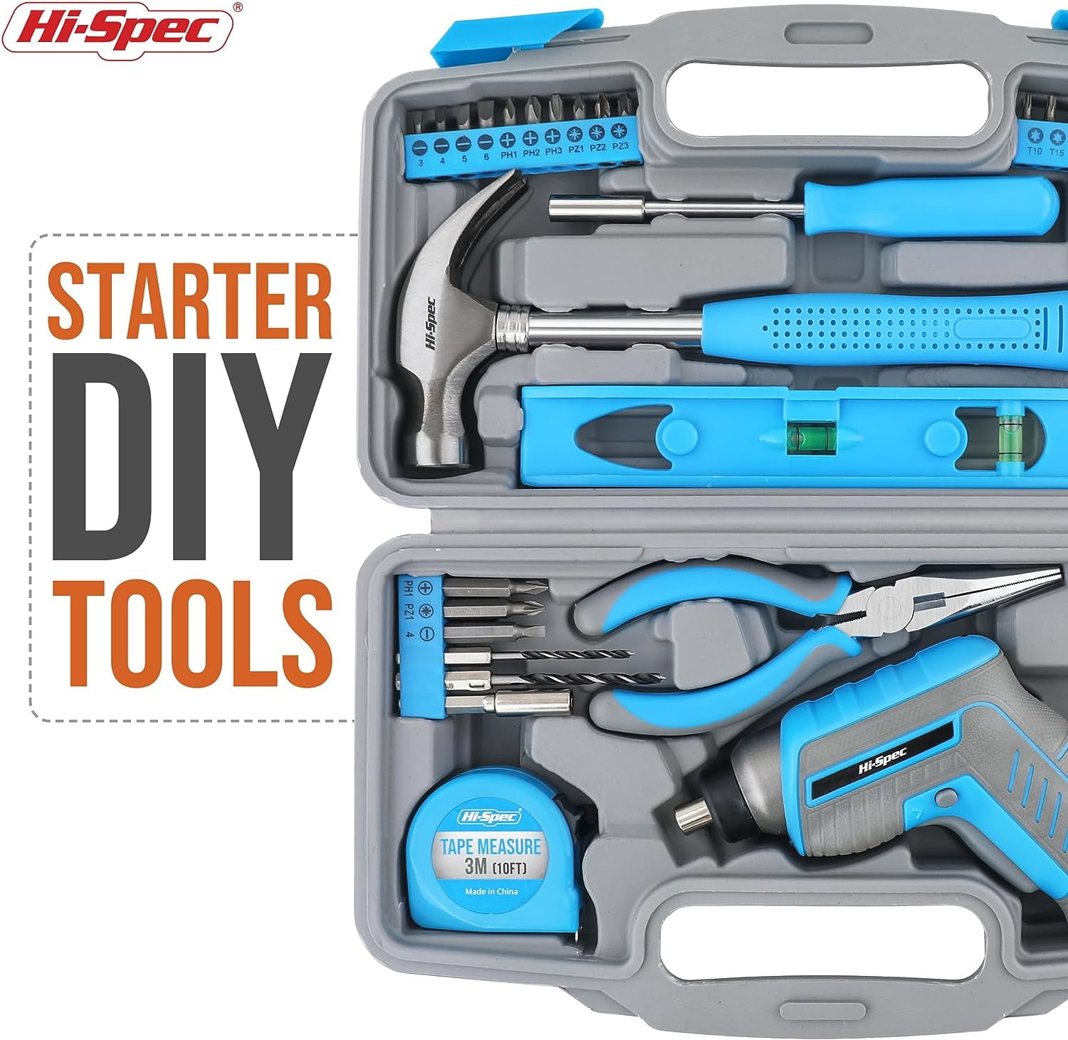 Hi-Spec 35pc Blue 3.6V Cordless Electric Power And USB Rechargeable Screwdriver and Home Tool Kit Set, Power Tools Combo Sets - Cordless Tools, With Handy And Easy Carrying Tool Case
