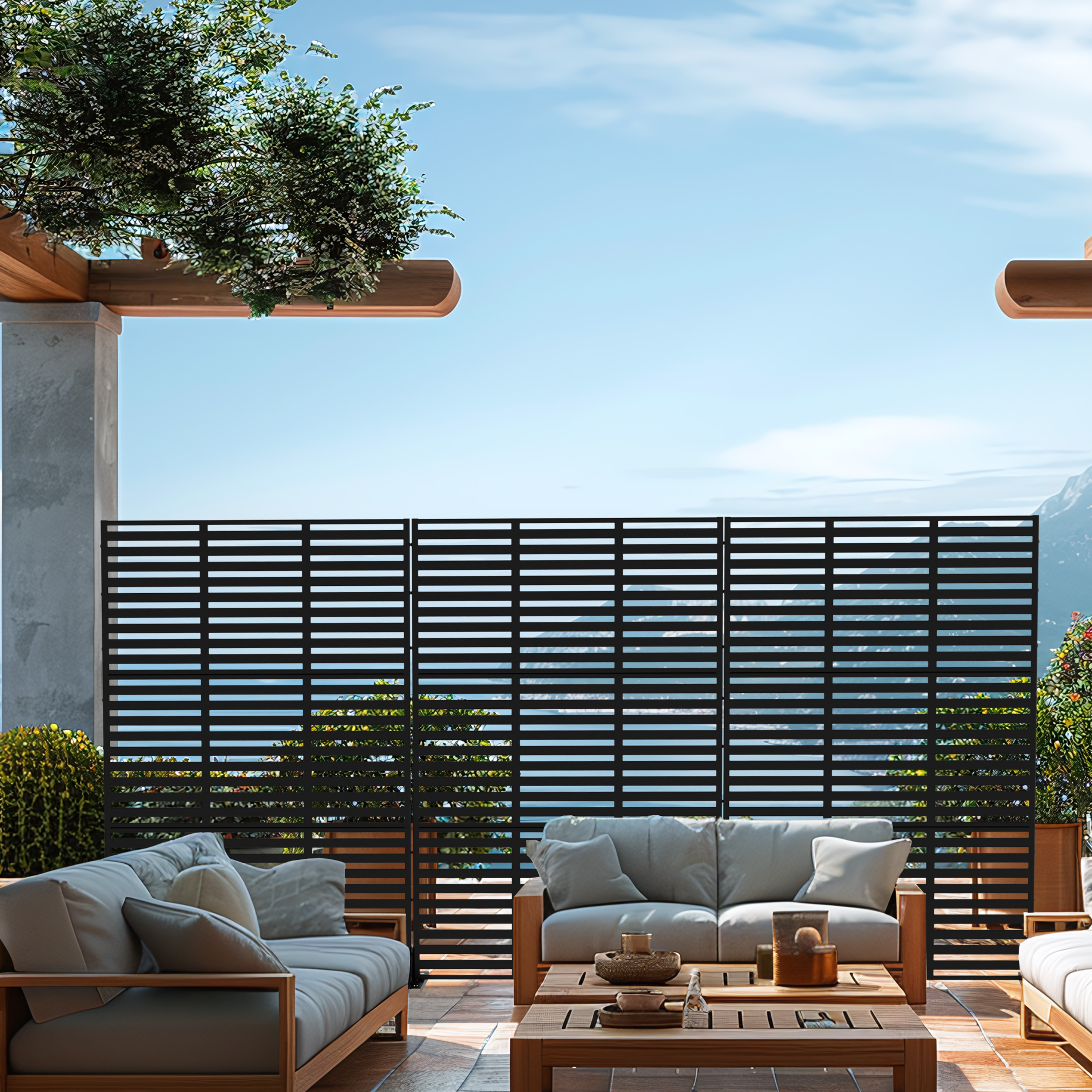 MAYEERTY 72"x47" Outdoor Privacy Screen with Stand Adams Metal Balcony Decorative Screen,Black