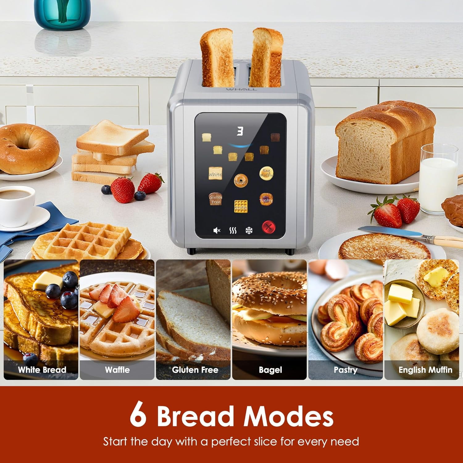 WHALL Touch Screen Toaster 2 Slice, 1.5'' Extra Wide Slot Stainless Steel Toaster with Digital Timer, 6 Bread Types & 6 Shade Settings, Crumb Tray, Reheat/Defrost, Smart Toasters for Breads