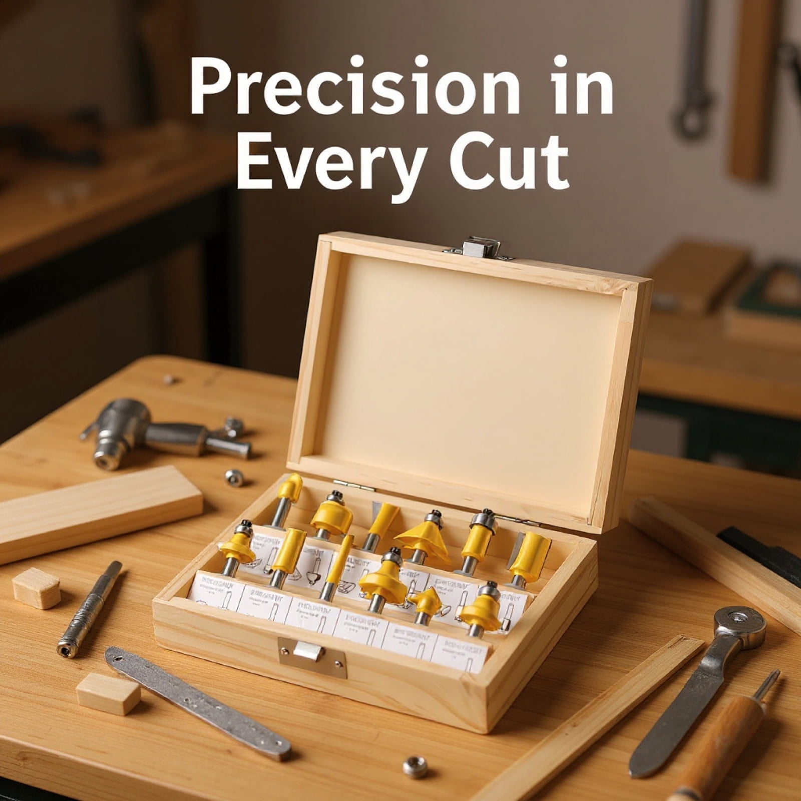 12 Pcs Router Bit Set 1/4 Shank, Tungsten Carbide Woodworking Tools with Straight, Cove, V-Groove, Chamfer, Flush Trim Bits, Universal Shank, Wooden Box for Storage, Yellow